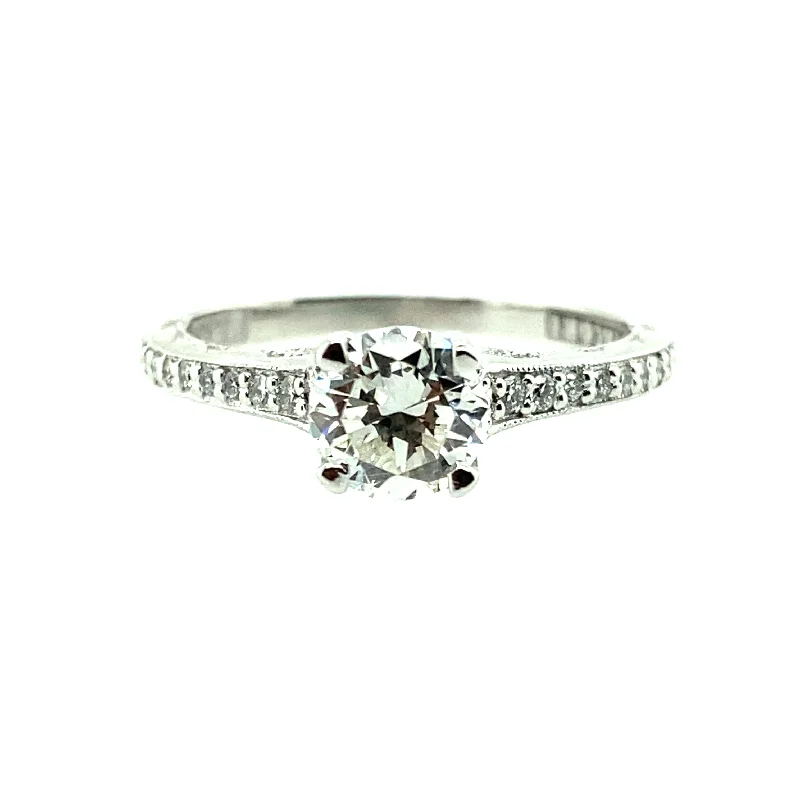 ladies engagement ring vintage gold-Estate 18K White Gold 0.95ctw Round Diamond Classic Engagement Ring by Tacori