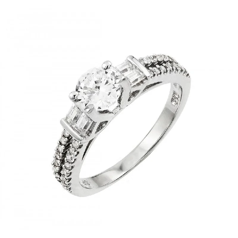 ladies ring anniversary-Silver 925 Rhodium Plated Clear Round and Baguette CZ Ring - STR00998