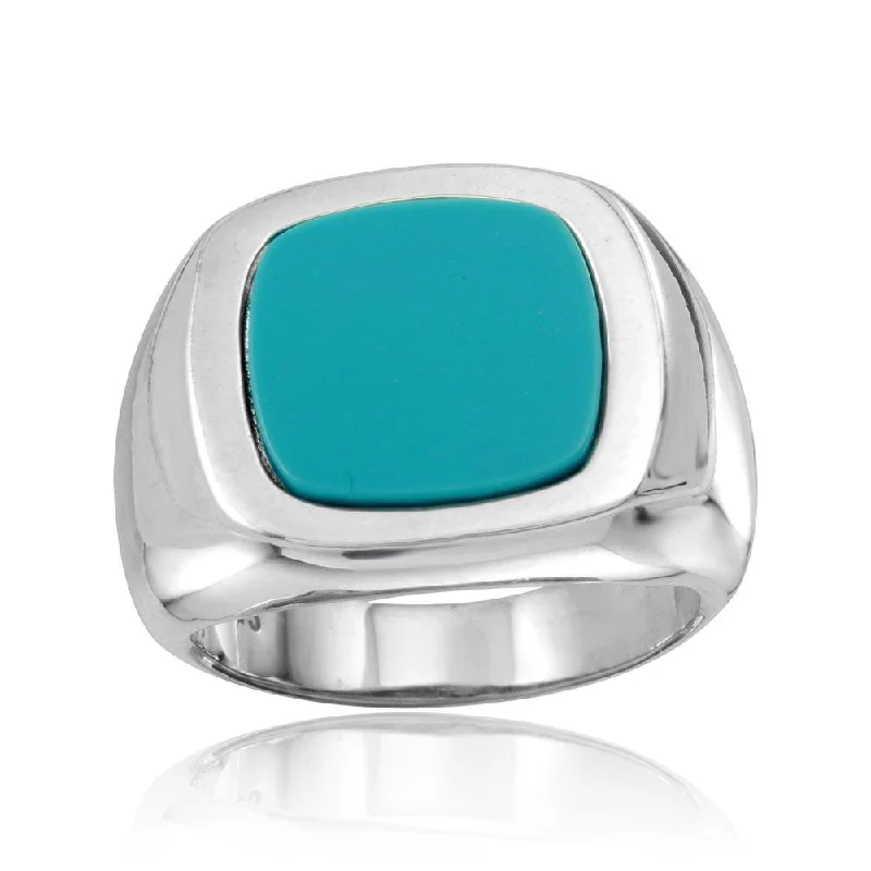 ladies ring bohemian-High Polished 925 Sterling Silver Square Dome Ring with Flat Turquoise Stone - CR00802