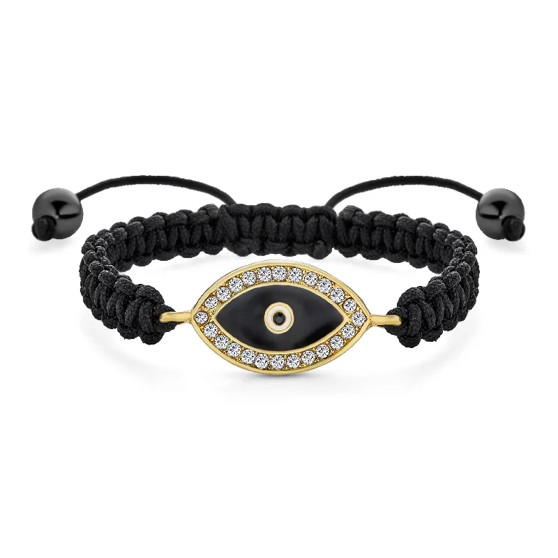 Ladies bracelets trillion cut styles-Black Braided Cord Strand Bracelet with Evil Eye Crystal Accent Gold Plated Charm