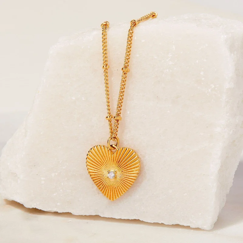 Ladies necklaces channel set necklaces-Sunburst Heart Necklace