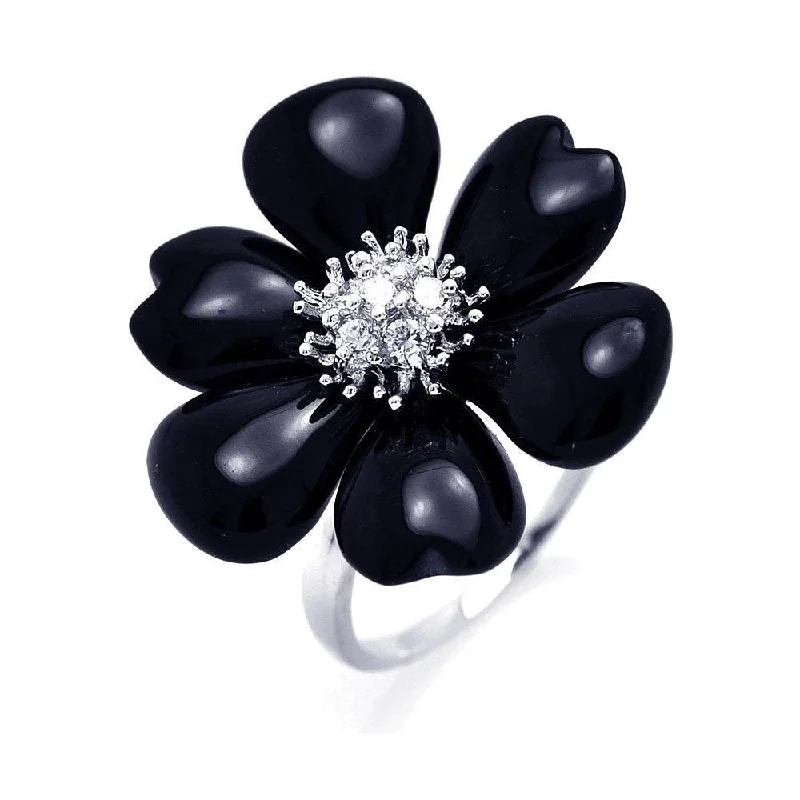 ladies ring unique-Silver 925 Rhodium Plated Black Onyx Clear CZ Flower Ring - BGR00257