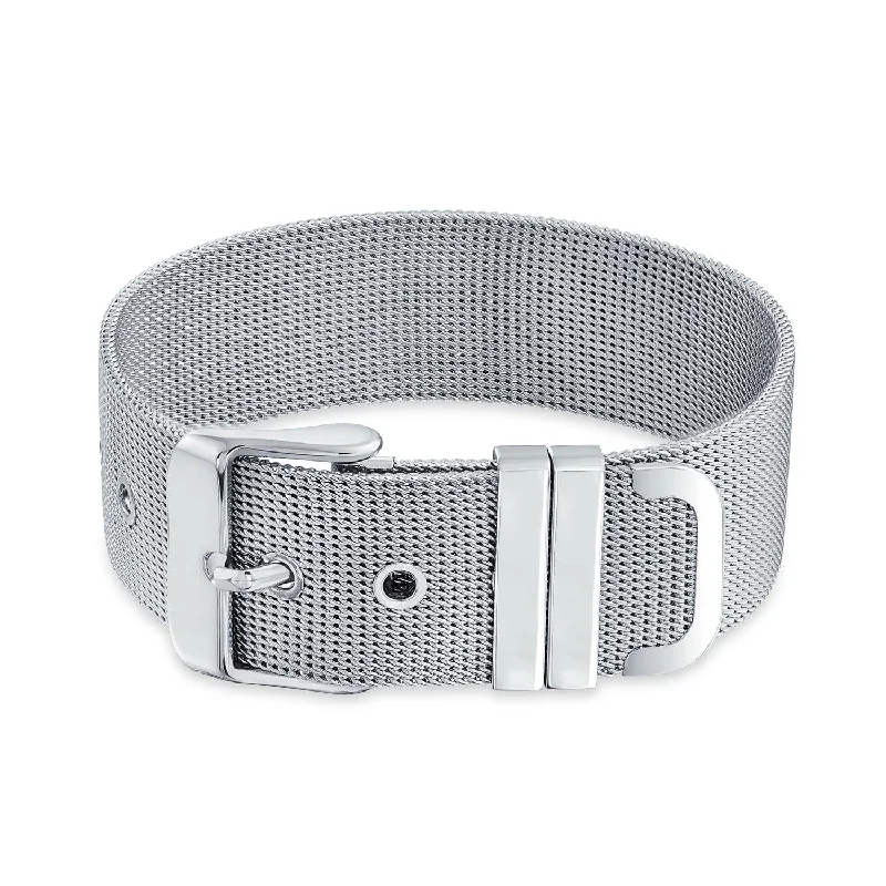 Ladies bracelets exclusive craft styles-Unisex Wide Band Mesh Cuff Bracelet with Belt Buckle for Men Stainless Steel