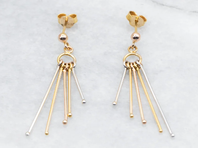 ladies earrings nature platinum-Tri Color Yellow, White, and Rose Gold Bar Tassel Drop Earrings