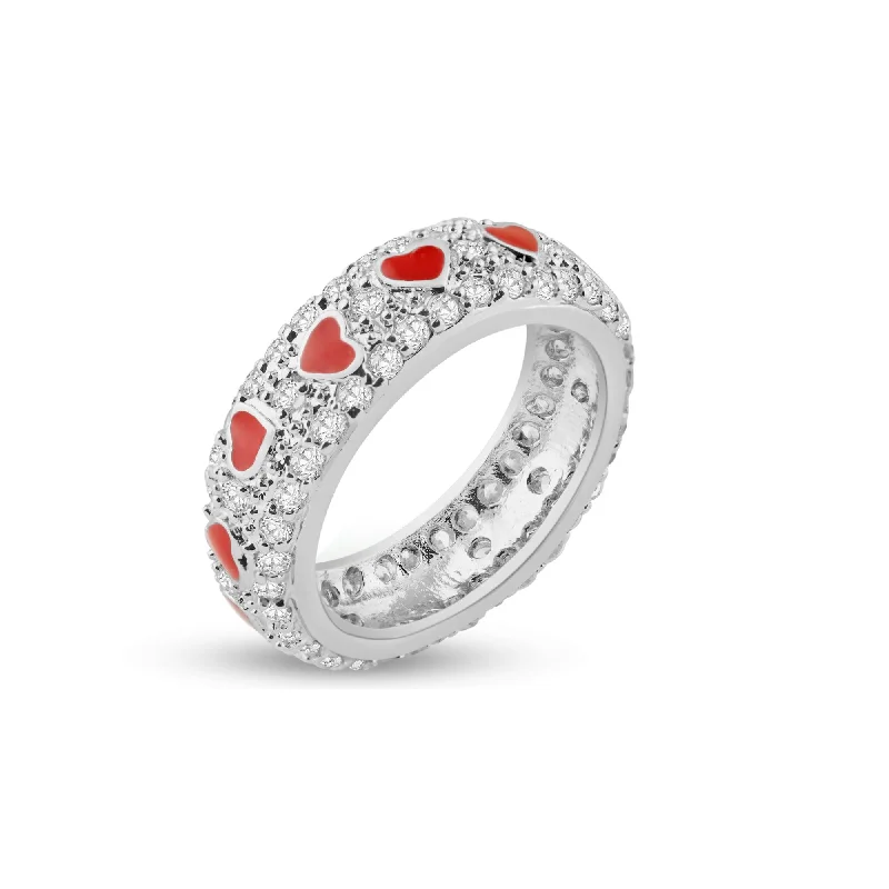 ladies ring zirconia silver-Silver 925 Rhodium Plated Red Enamel Heart Pave Set CZ Eternity Ring - STR00549