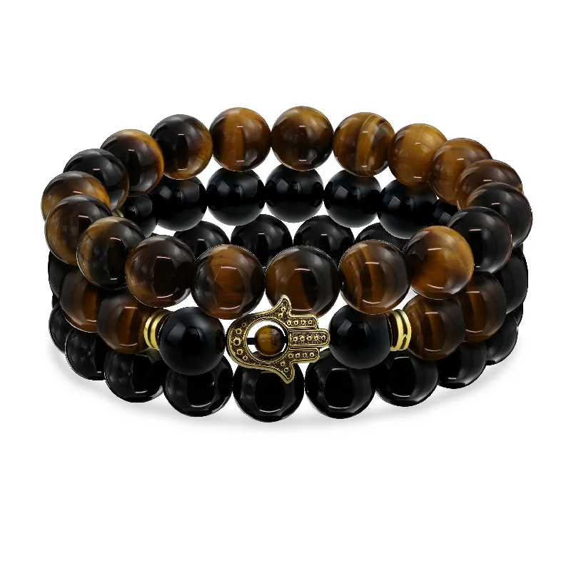 Ladies bracelets multi-tier styles-Set of 3 Tiger Eye & Onyx Bead Stretch Bracelet with Hamsa Hand - Gold Plated