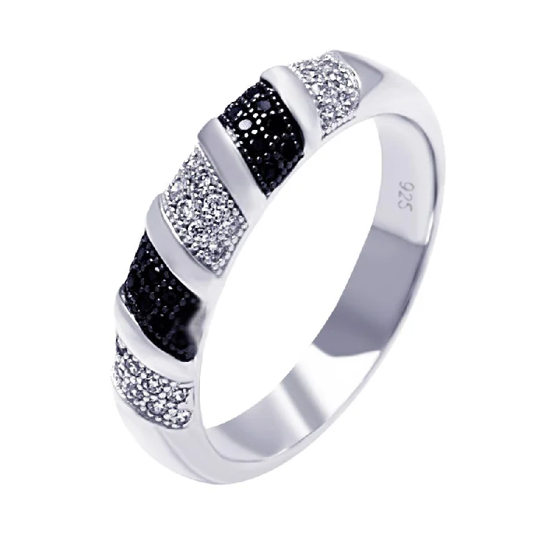 ladies ring wide band-Silver 925 Rhodium and Black Rhodium Plated Black and Clear Micro Pave CZ Stripe Ring - ACR00055