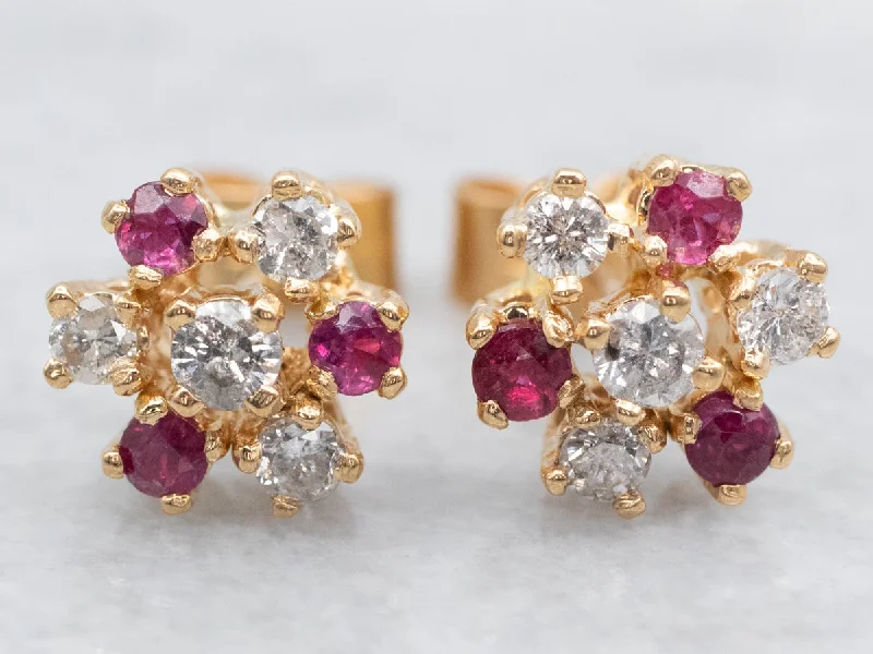 ladies earrings halo gold-Diamond and Ruby Cluster Stud Earrings