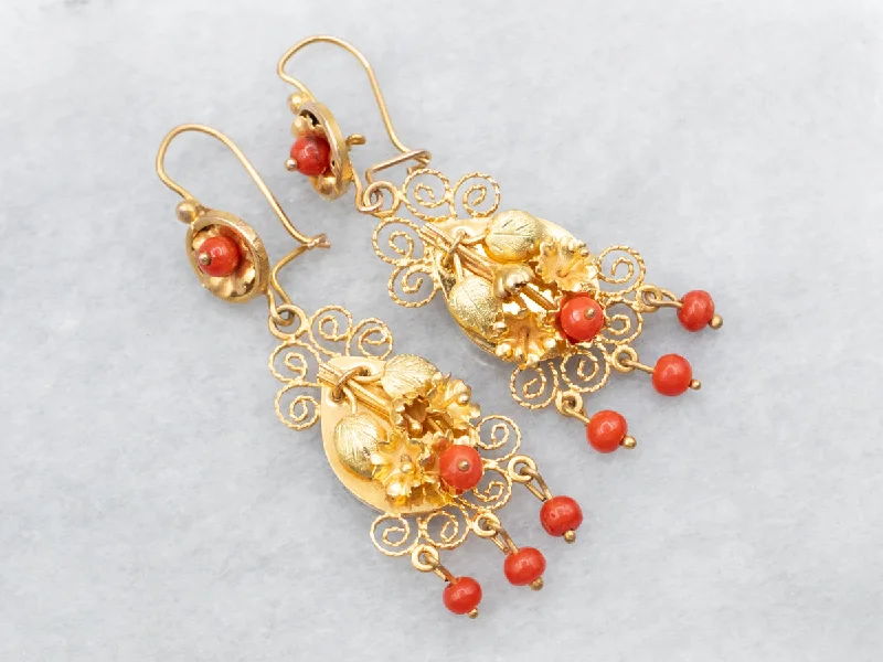 ladies earrings affordable gold-Yellow and Green Gold Red Coral Botanical Drop Earrings