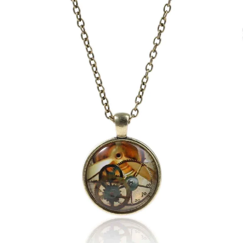 Ladies necklaces Asian cultural styles-SEXY SPARKLES Steampunk Gear Glass Cabochon Round Pendant Necklace Link Cable Chain Antique Bronze