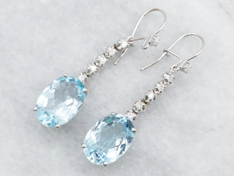 ladies earrings statement-White Gold Blue Topaz and Diamond Drop Earrings