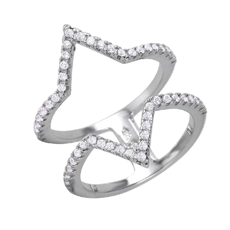 ladies ring antique style-Silver 925 Rhodium Plated Double Tip Ring - BGR00974