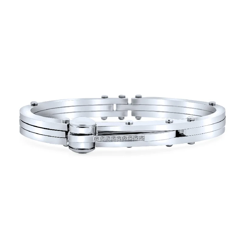 Ladies bracelets delicate outline styles-Biker Cuff Bracelet for Men with Cubic Zirconia in Silver Tone Stainless Steel