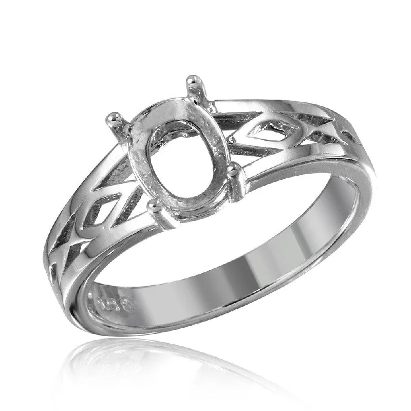 ladies ring fall collection-Silver 925 Rhodium Plated Cut Out Designed Shank Single Stone Mounting Ring - BGR01194