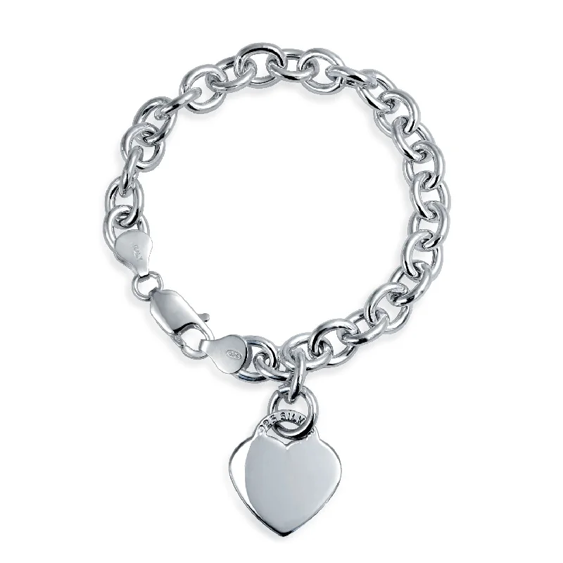 Ladies bracelets Chinese symbol styles-Substantial Solid Link Heart ID Bracelet Charm Sterling Silver Made in Italy