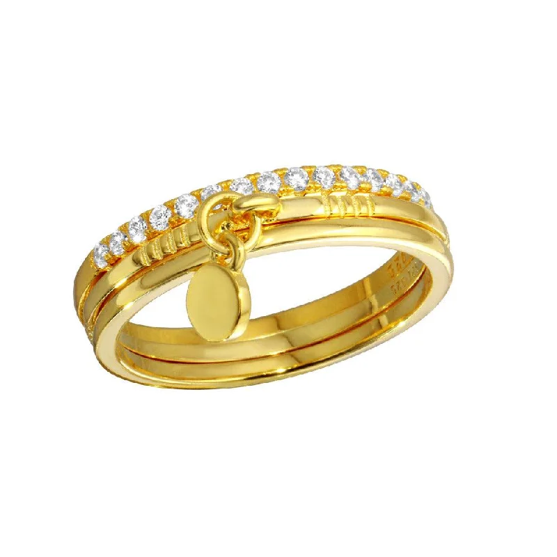 ladies ring trendy styles-Gold Plated 925 Sterling Silver Tri CZ Stackable With Hanging Disc Ring - STR01106GP