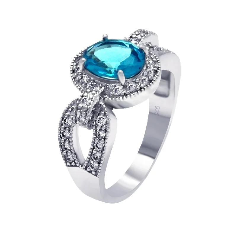 ladies ring eco-friendly-Silver 925 Rhodium Plated Aqua Center and Clear CZ Ring - BGR00370