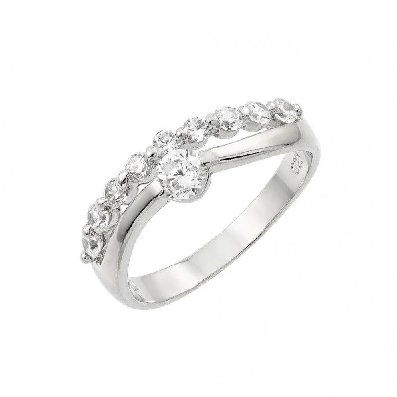 ladies ring formal silver-Silver 925 Rhodium Plated Round Clear CZ 2 Row Ring - BGR00876