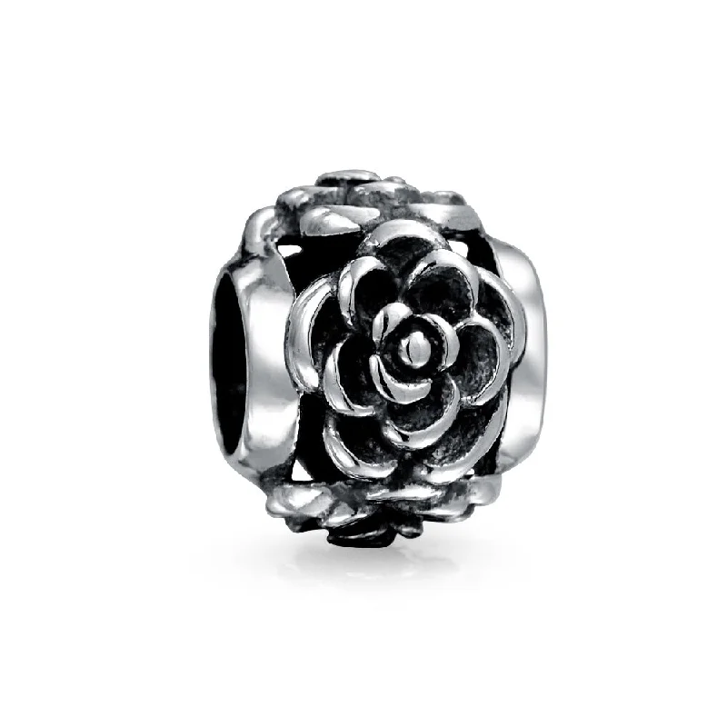 Ladies bracelets rose gold stackable styles-Flower Garden Black Rose Charm Bead in Oxidized Sterling Silver for Bracelets