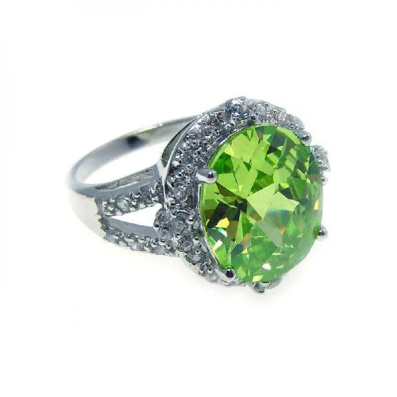 ladies ring filigree-Silver 925 Rhodium Plated Round Green Center Clear Cluster CZ Ring - STR00484