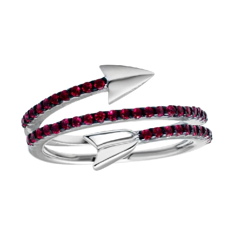 ladies ring luxury gold-Rhodium Plated 925 Sterling Silver Wrap Arrow Red CZ Ring - BGR01189RED