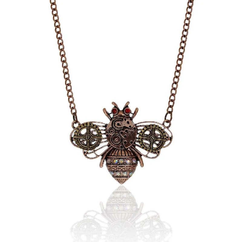 Ladies necklaces heart-shaped pendants-SEXY SPARKLES Steampunk Necklace Link Curb Chain Antique Copper Bees Gear Connector With Multicolor Rhinestone