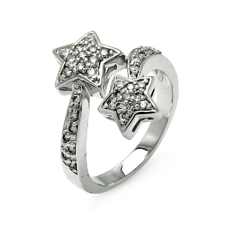 ladies ring formal-Silver 925 Rhodium Plated Double CZ Star Ring - STR00055