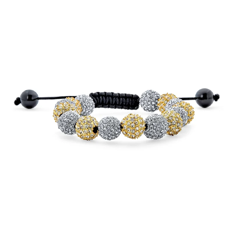 Ladies bracelets sustainable jewelry designs-Silver Gold Two Tone Strand Bracelet with 10MM Pave Crystal Disco Ball for Men