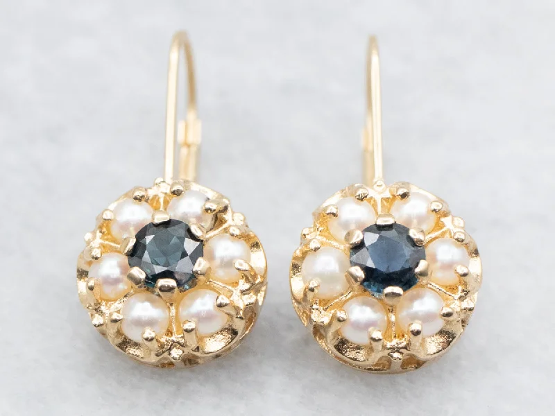 ladies earrings dainty gold-Sapphire and Seed Pearl Halo Drop Earrings