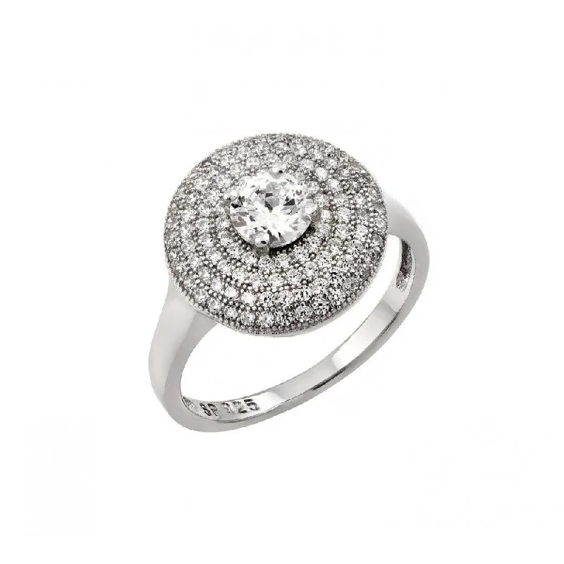 ladies ring embossed-Silver 925 Rhodium Plated Circle Center Micro Pave CZ Ring - STR00942