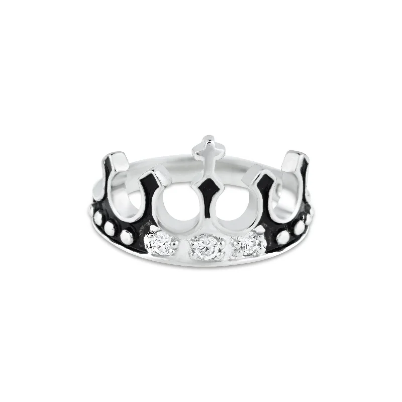 ladies ring nature gold-Silver 925 Rhodium Plated Black Enamel CZ Crown Ring - BGR00036