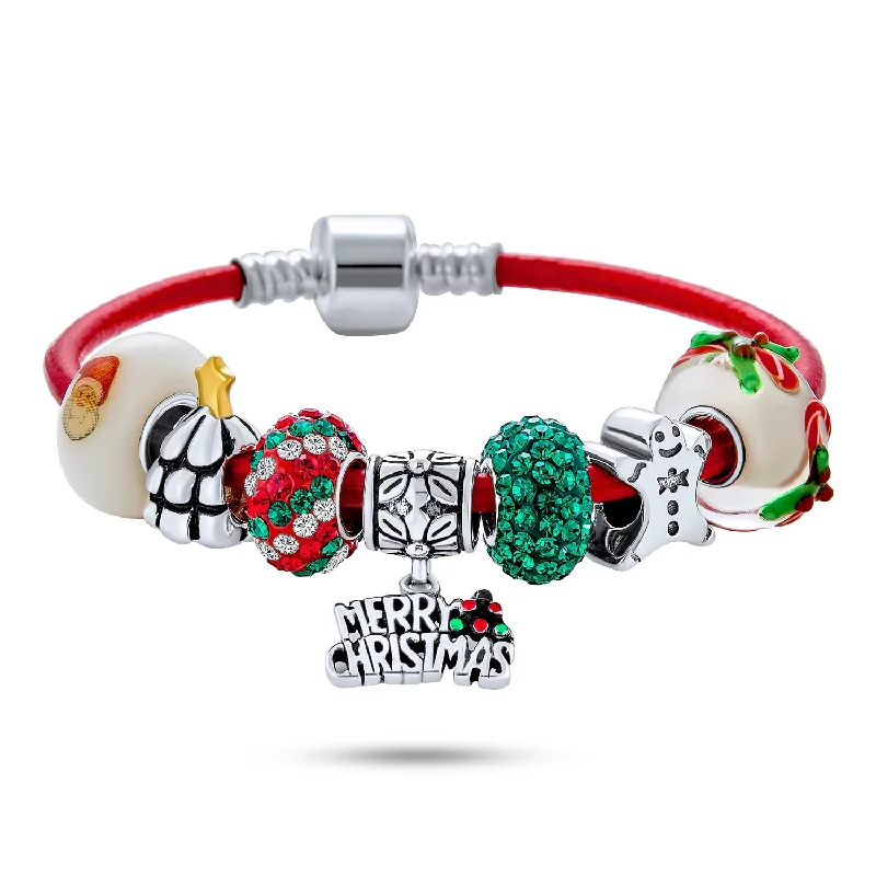 Ladies bracelets thin chain bracelets-Merry Christmas Tree Charm Bracelet with Santa Gingerbread and Candy Cane Beads