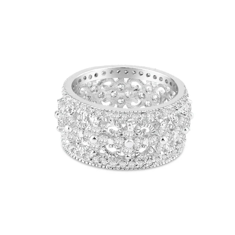 ladies ring gradient-Silver 925 Rhodium Plated CZ Orante Flower Eternity Ring - STR00538