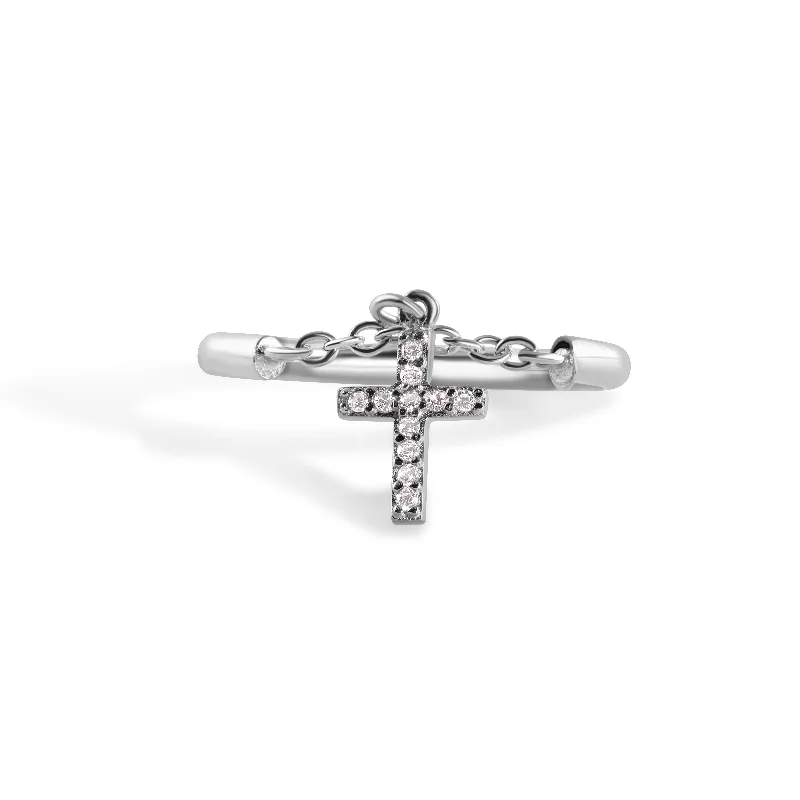 ladies ring turquoise gold-925 Sterling Silver Nickel Free Rhodium Plated Half Ring Chain Dangling Cross Clear CZ Ring - STR01015