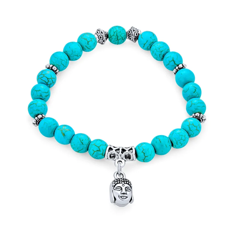 Ladies bracelets baguette cut designs-Bali Buddha Blue Turquoise Stretch Bracelet with Spiritual Gemstone Charm