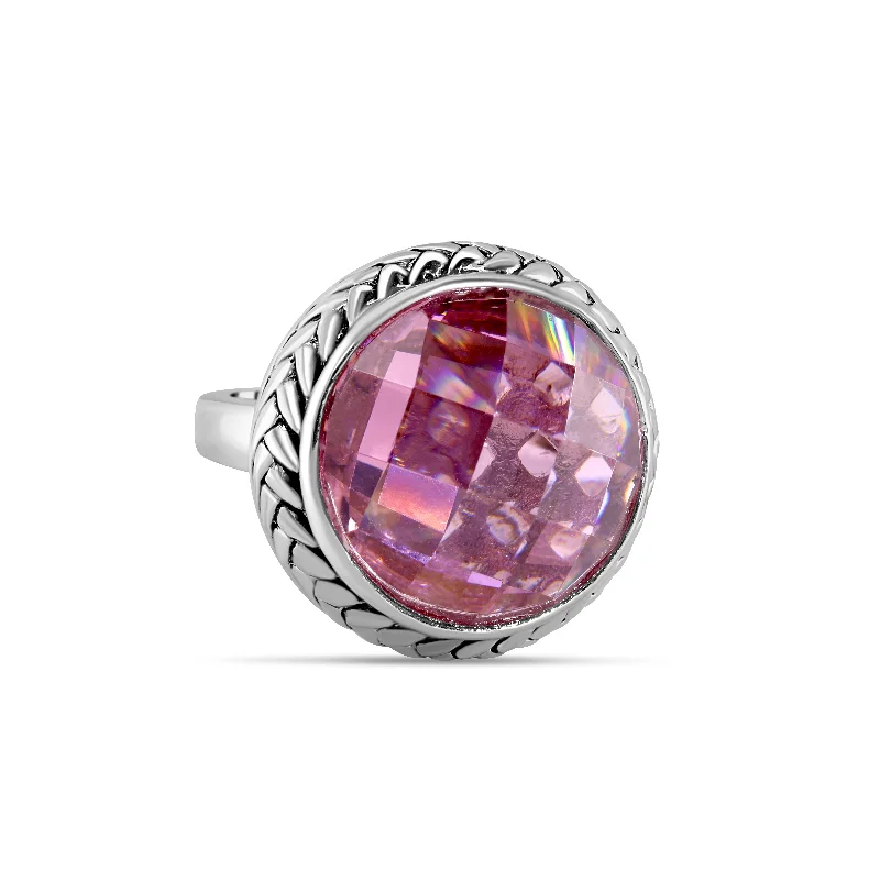 ladies ring geometric-Rhodium Plated 925 Sterling Silver Dome Style Light Amethyst Pink Ring - STR00246